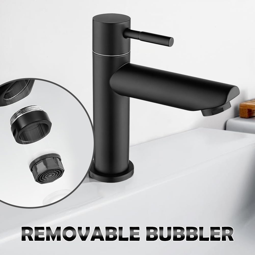 Wasserhahn Bad Schwarz+Wasserzulaufleitung, Edelstahl, Kaltwasserhahn Gäste Wc,Mischbatterie Waschbe