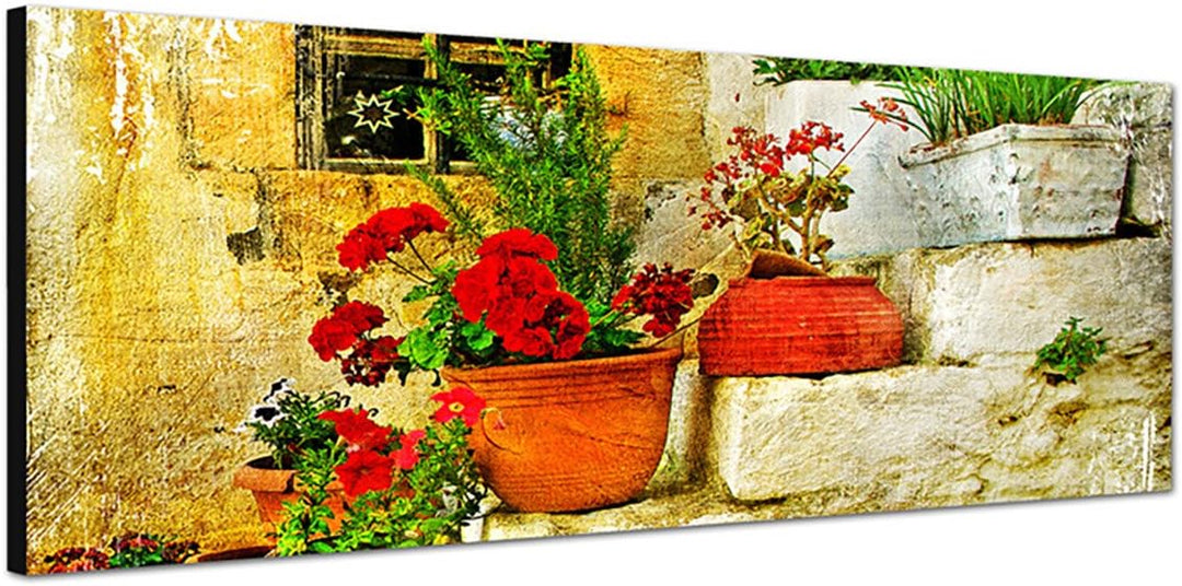 Paul Sinus Art Panoramabild auf Leinwand und Keilrahmen 150x50cm Steinhaus Treppe Blumen Griechenlan