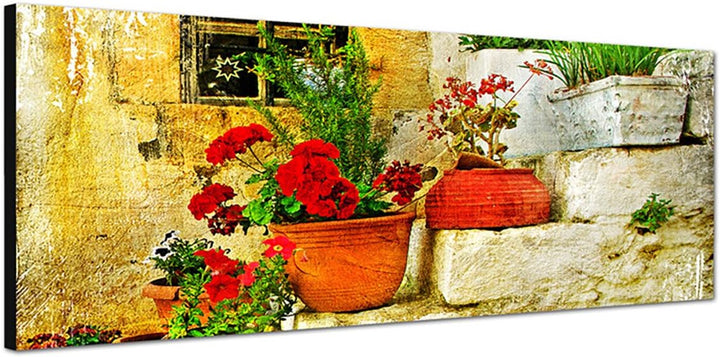 Paul Sinus Art Panoramabild auf Leinwand und Keilrahmen 150x50cm Steinhaus Treppe Blumen Griechenlan