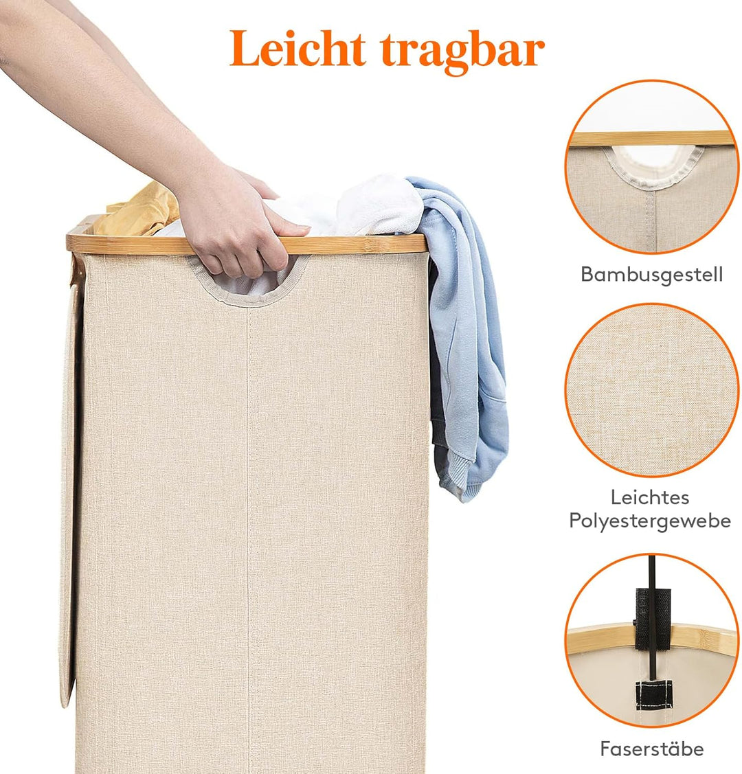 Lifewit 100L Wäschekorb mit Deckel, Wäschekörbe für Wäsche mit Bambus Griffe und Eine Abnehmbare Wäs