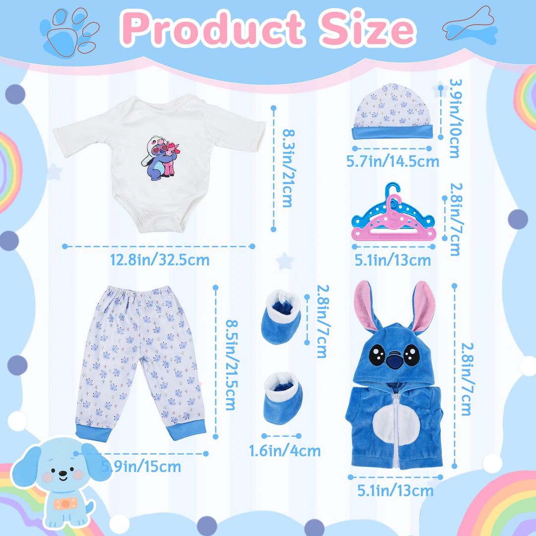7 Stück Puppenkleidung, Blaue Kleidung Outfit für 35-43 cm Baby Puppen mit Jacke, Oberteil, Hose, Mü