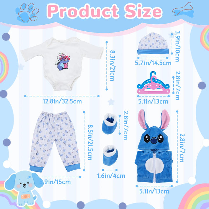 7 Stück Puppenkleidung, Blaue Kleidung Outfit für 35-43 cm Baby Puppen mit Jacke, Oberteil, Hose, Mü