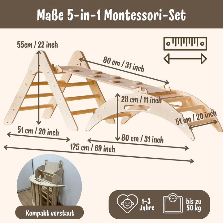 WoodsCraft 5in1 Set: Kletterbogen mit Kissen, Kletterdreieck, Rutsche/Rampe | Midi Set mit hypoaller
