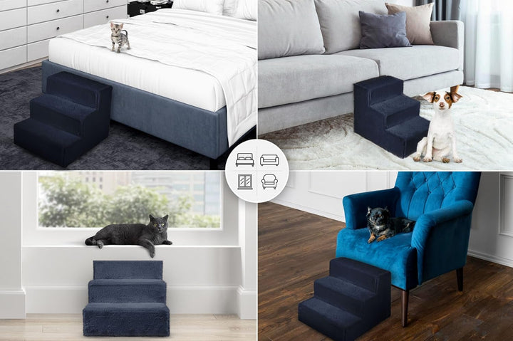 Mg Design Hundetreppe 3 Stufen in Marineblau – Stabiler Holzrahmen, gelenkschonend, leicht &amp; mobil,