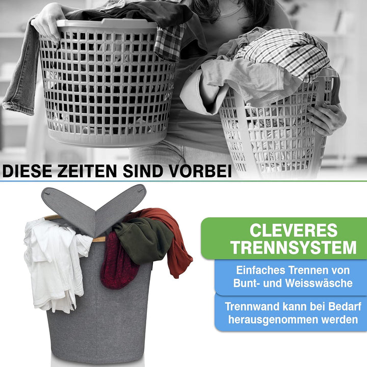 YourCasa® Wäschekorb mit Deckel [120L gross] Wäschesammler mit 2 Fächern - Nachhaltiger Bambus Korb