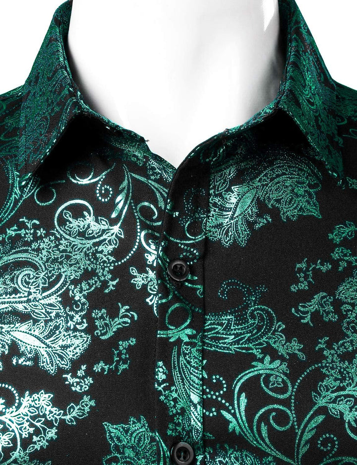 PARKLEES Herren Luxus Paisley Gemustert Golden Glänzend Slim Fit Freizeithemd XL Schwarz Dunkel Grün