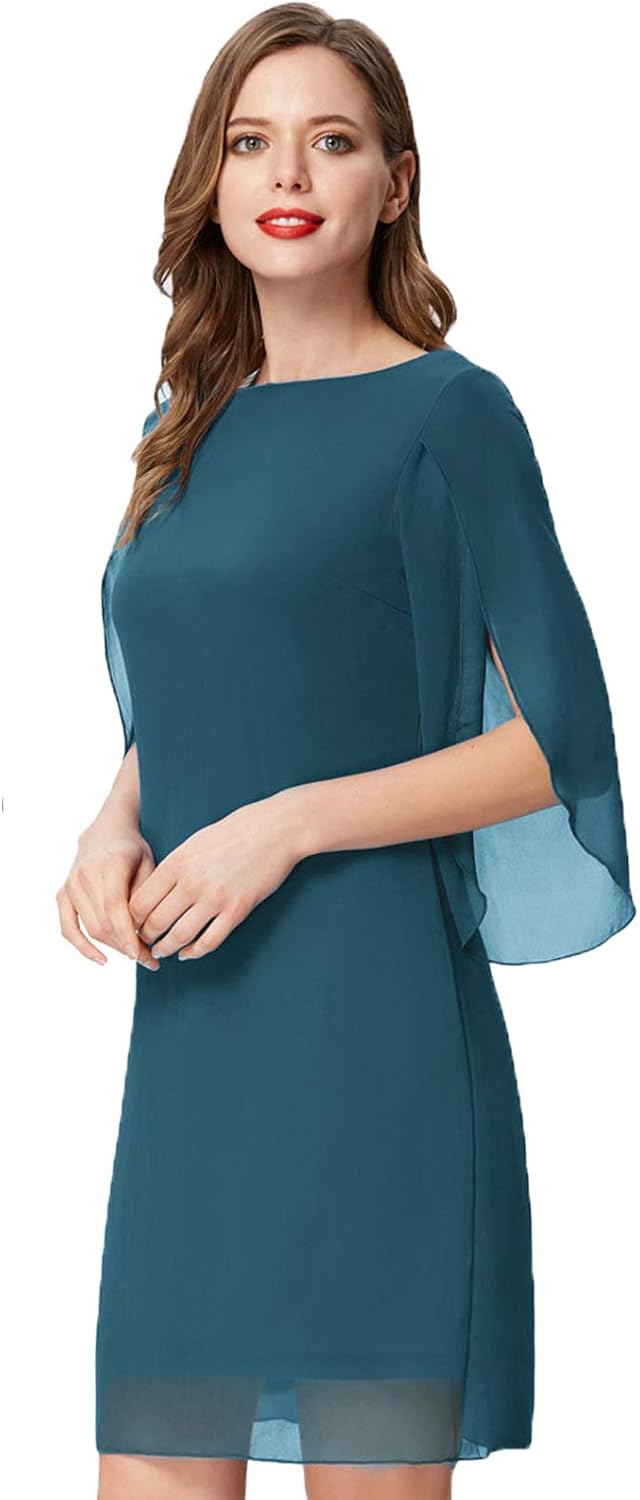 GRACE KARIN Damen Kleid Elegant Chiffon Kleid 3/4 Ärmel Loose Abend Cocktailkleid S Pfauenblau, S Pf