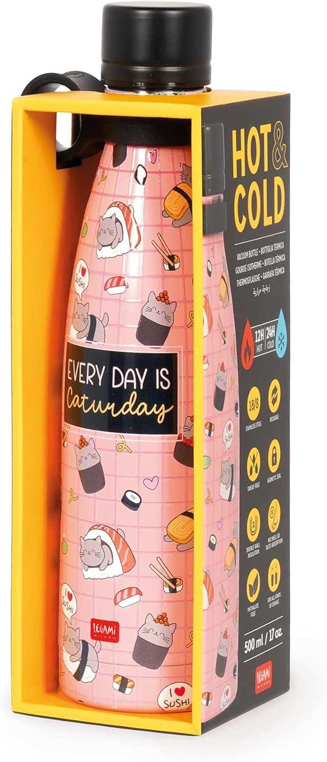 LEGAMI - Thermosflasche Hot&Cold, Sushi Cat, 500 ml, luftdichter Verschluss, 12 Stunden heisse Geträ