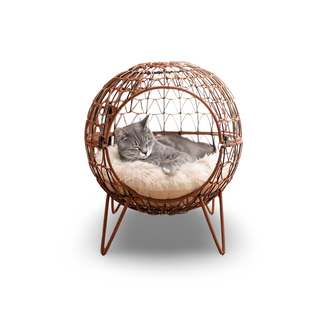BURI Heimtier Schlafkörbchen Rattan mit Kissen 45x50cm Katze Katzenbett Kugel Schlafplatz