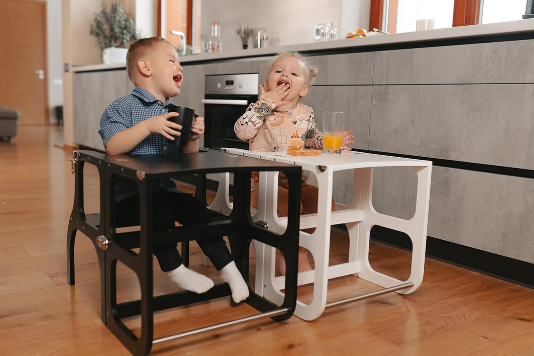 Klappbarer Lernturm mit Sitzfunktion, 45 cm Stehhöhe, Step’n’Sit, Lernturm mit Sitz und Tisch umklap