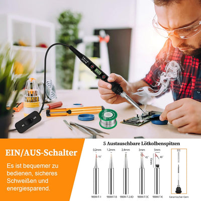 Lötkolben Set 80W LCD Einstellbar Temperatur 180-520°C Lötkolben mit Ein/Aus Schalter, 50g Lötdraht,