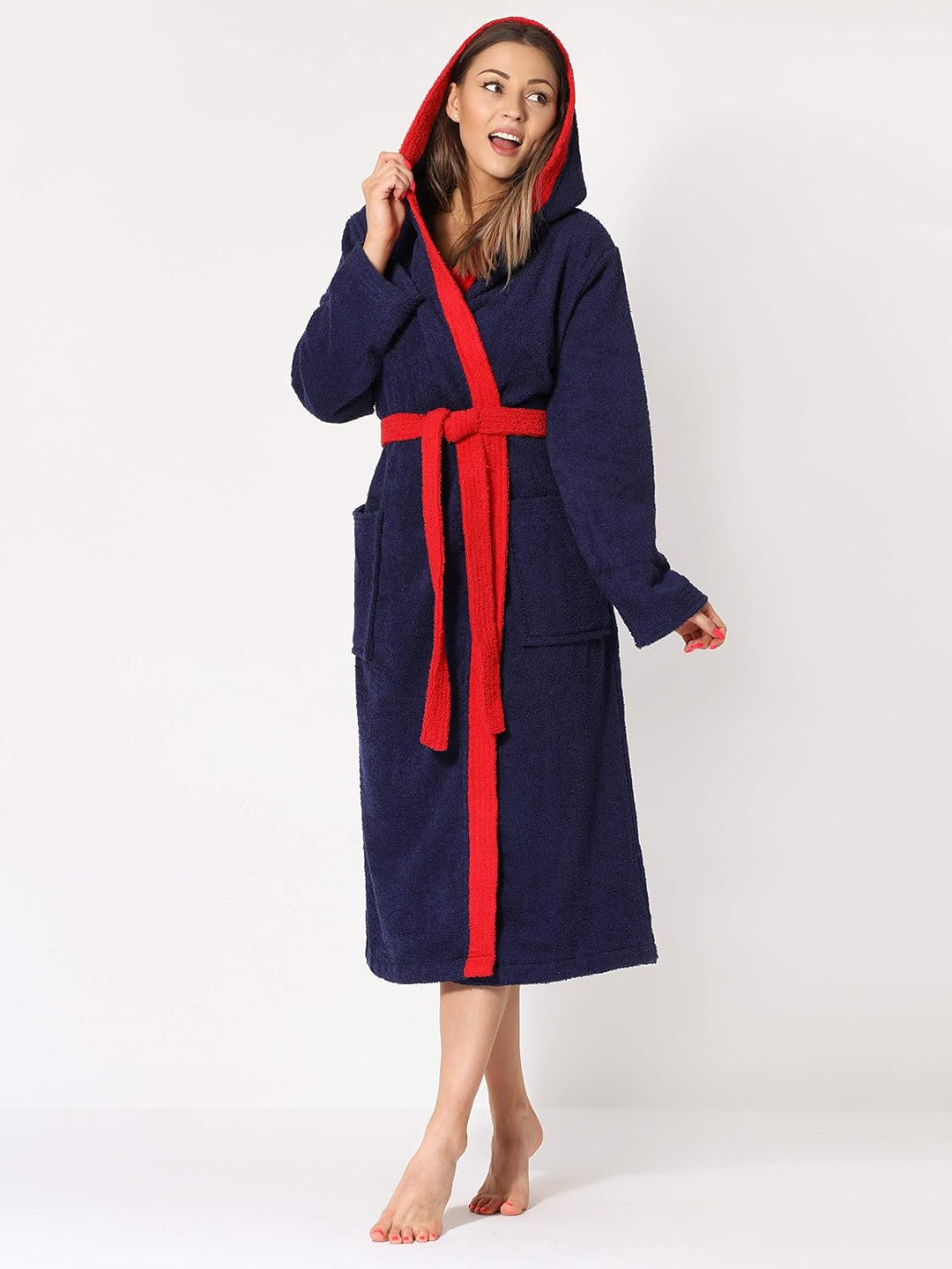 Ladeheid Damen Frottee Bademantel mit Kapuze aus 100% Baumwolle LA40-102 S Dunkelblau-29/Rot-26, S D