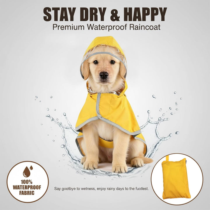 Regenmantel Hund Wasserdicht M–XL – Gelber Hunderegenmantel mit Kapuze, Reflektierende Streifen, Ver