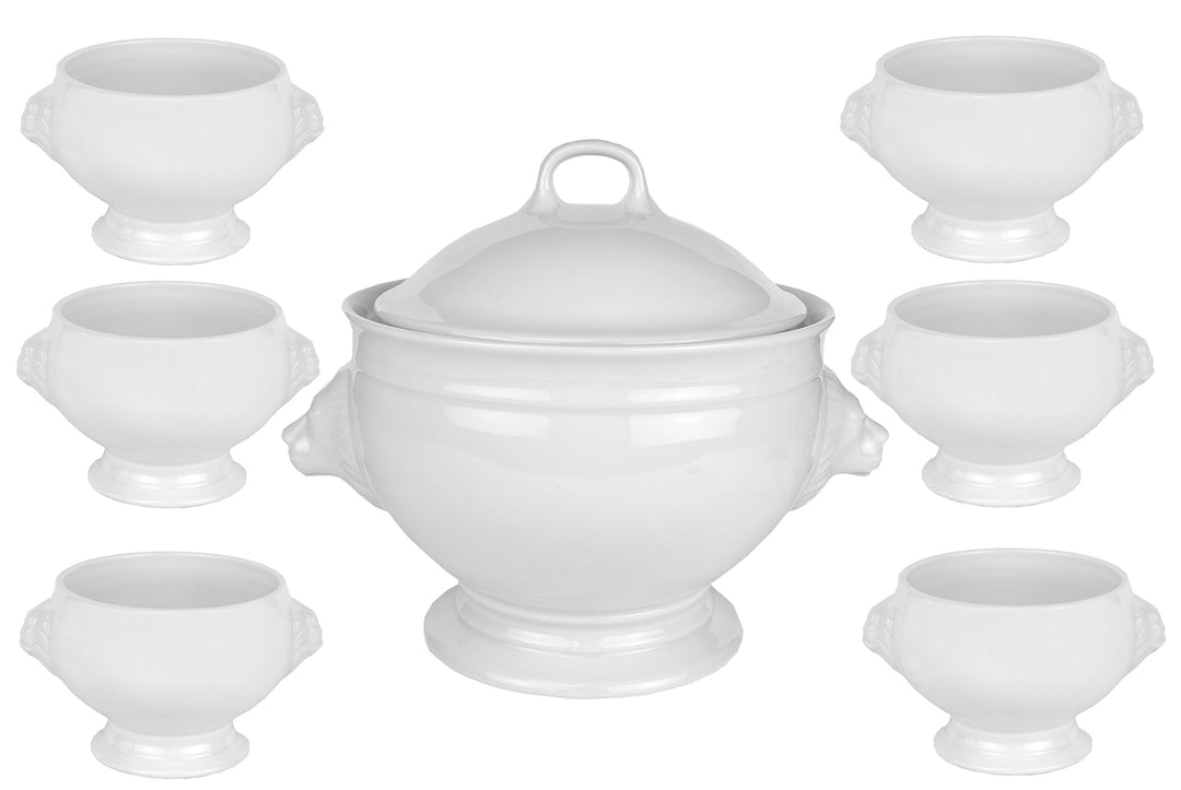 Van Well Set Löwenkopfterrine mit Deckel Porzellan 2,75 Liter & 6 Suppenschalen 0,4 Liter weiss – Kl
