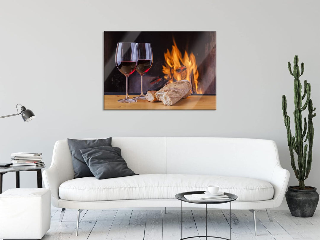 Pixxprint Glasbild | Wandbild aus Echtglas | Zwei Gläser Wein mit Baguette | 80x60 cm | inkl. Aufhän