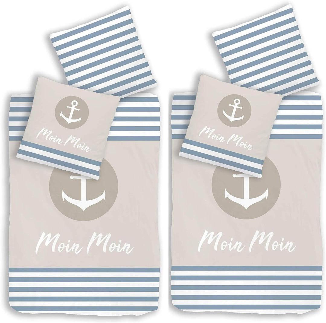 Anker Bettwäsche (4 - teilig Moin Moin) 135x200 + 80x80, Maritime Bettwäsche, Ferienhaus, Strandhaus