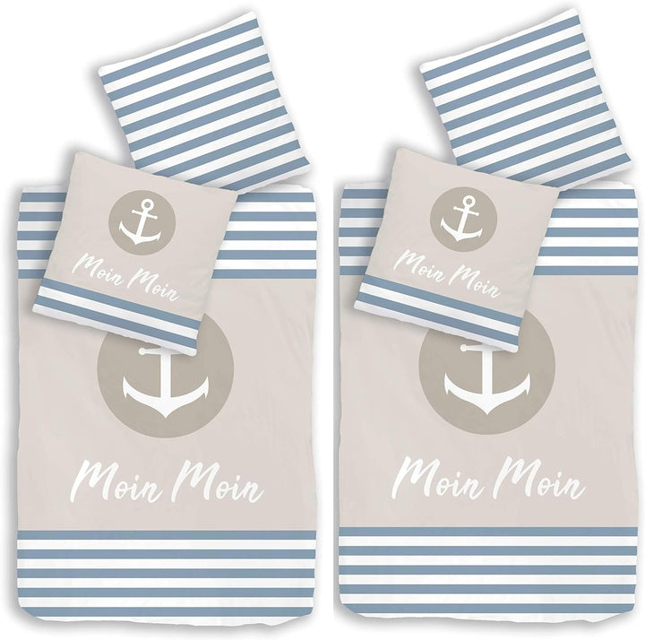 Anker Bettwäsche (4 - teilig Moin Moin) 135x200 + 80x80, Maritime Bettwäsche, Ferienhaus, Strandhaus