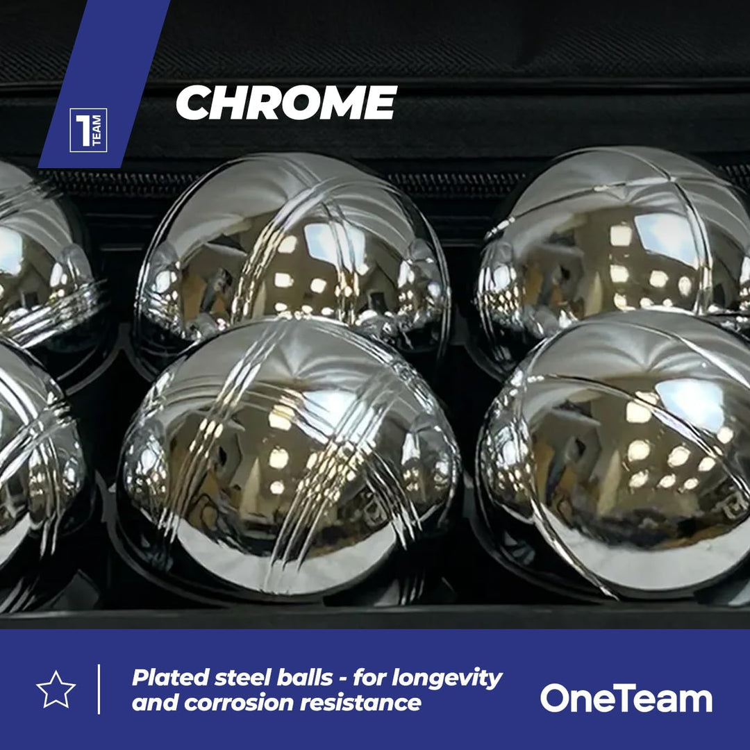 OneTeam Boule Set 8 Kugeln – Petanque Spiel für Erwachsene & Kinder – Verchromter Stahl – Silber – R