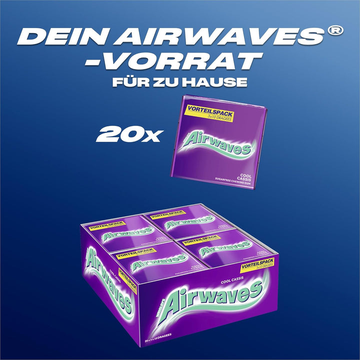Airwaves Kaugummi | Cool Cassis | Lila, zuckerfrei | 20 x 3 Packungen (20 x 3 x 10 Dragees) Cool Cas