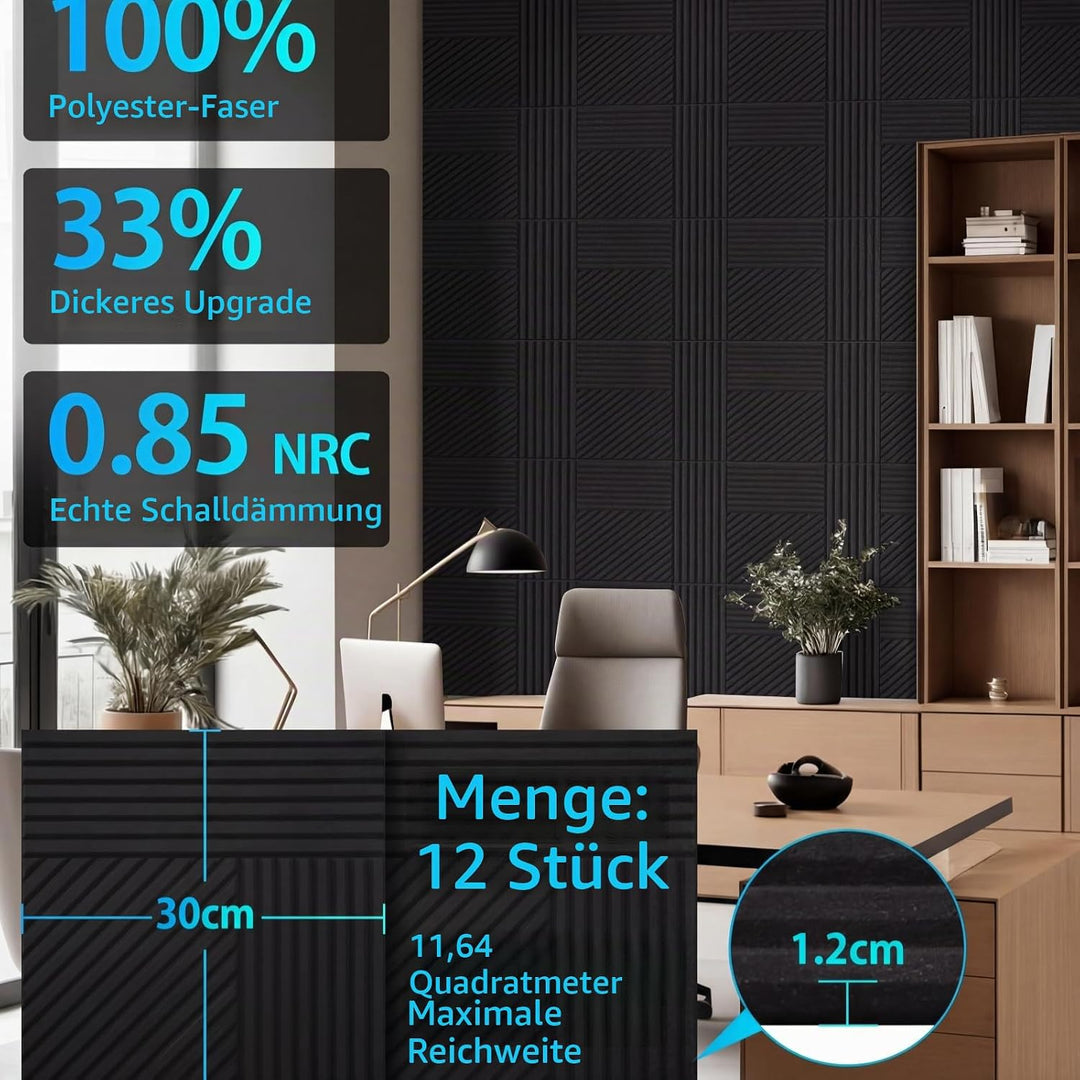 Akustikplatten Selbstklebend 12 Stück, 30x30x1.2cm Dreieckige Akustikpaneele Schwarz, Schallabsorber