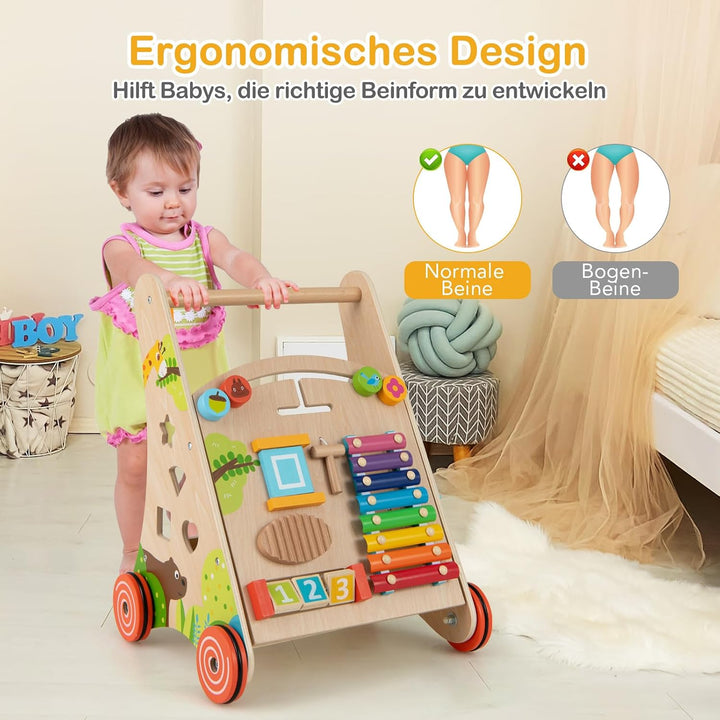 COSTWAY Lauflernhilfe Holz, Baby Lauflernwagen mit Griff, Stauraum und Rädern zum Schieben und Ziehe