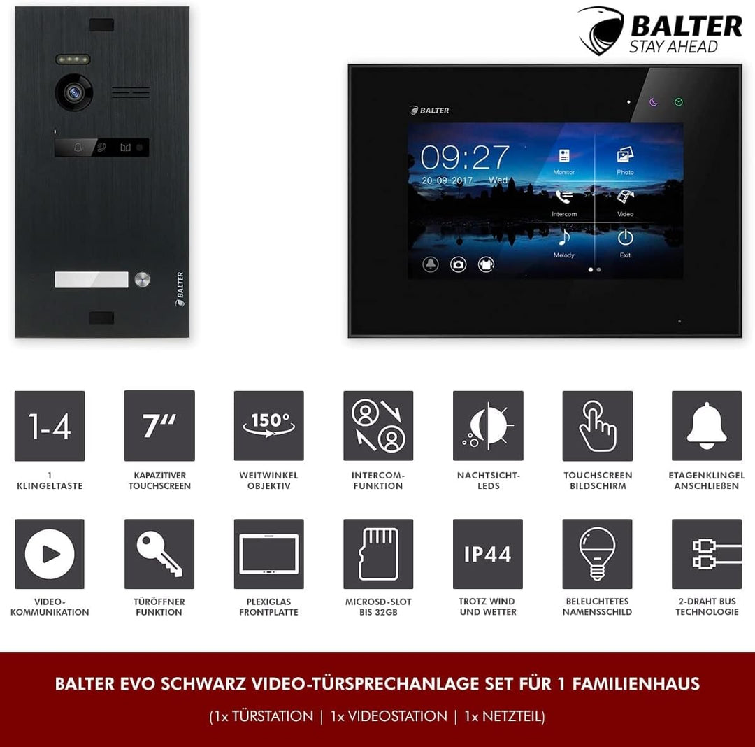 Nonic Balter EVO Video-Türsprechanlage Set 1 Familienhaus (1x Türstation mit Kamera Schwarz, 1x Touc