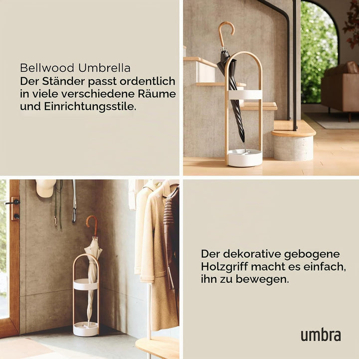 Umbra Bellwood Schirmständer, Runder Regenschirmständer mit Rostfreier Abtropfschale, Weiss/Natur Gr