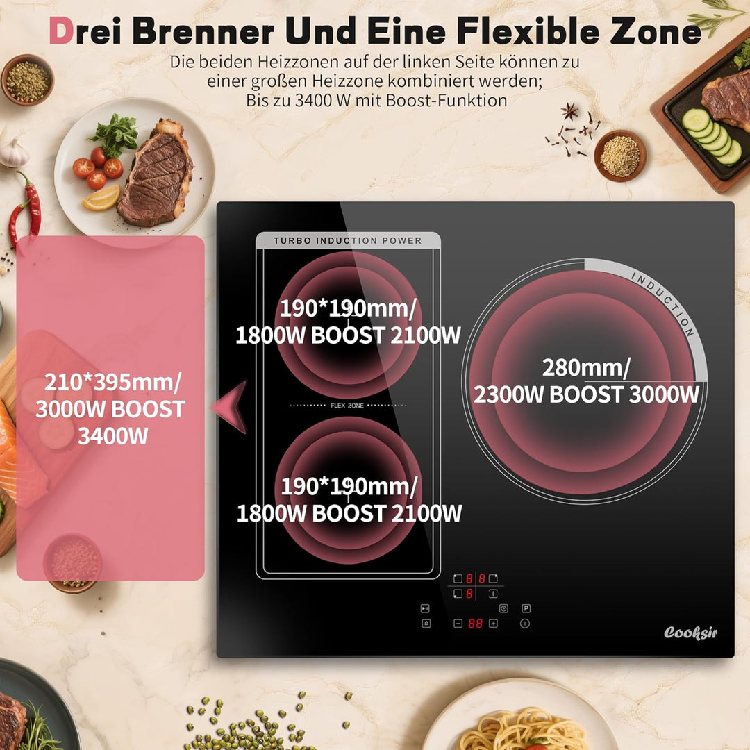 59cm Einbau Induktionskochfeld 3 Platten mit Rahmen, Cooksir Kochfeld Autark Flexzone, 6800W, FlexZo