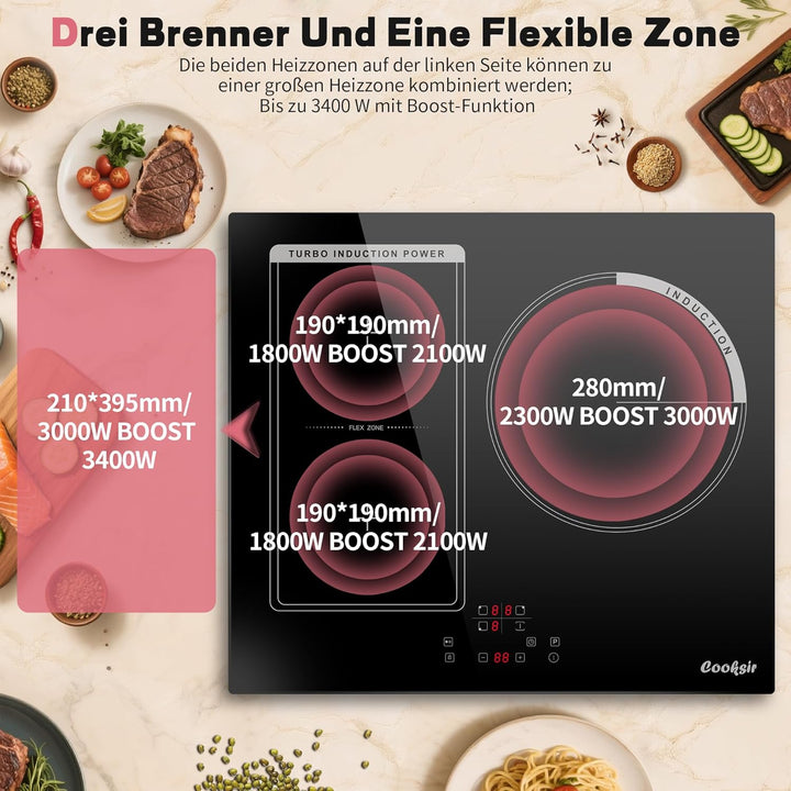 59cm Einbau Induktionskochfeld 3 Platten mit Rahmen, Cooksir Kochfeld Autark Flexzone, 6800W, FlexZo