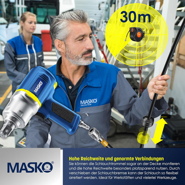MASKO® Automatik Druckluftschlauch Aufroller 30m – Schlauchtrommel mit 1/4" Anschluss, Schlauchaufro