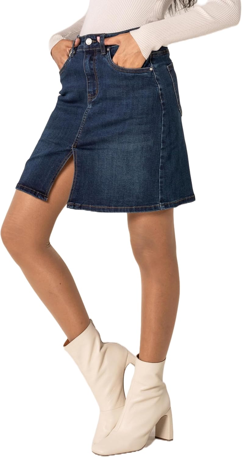 Nina Carter P213 Damen Kurzer Jeansrock mit Vorderem Schlitz Reissverschluss Stretch Used-Look Dunke