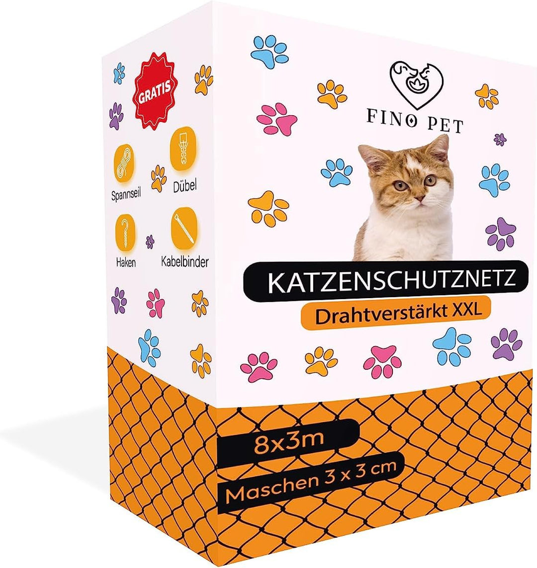 FinoPet Katzennetz für Balkon drahtverstärkt 8x3 Meter inklusive Befestigungsmaterial, Katzenschutzn