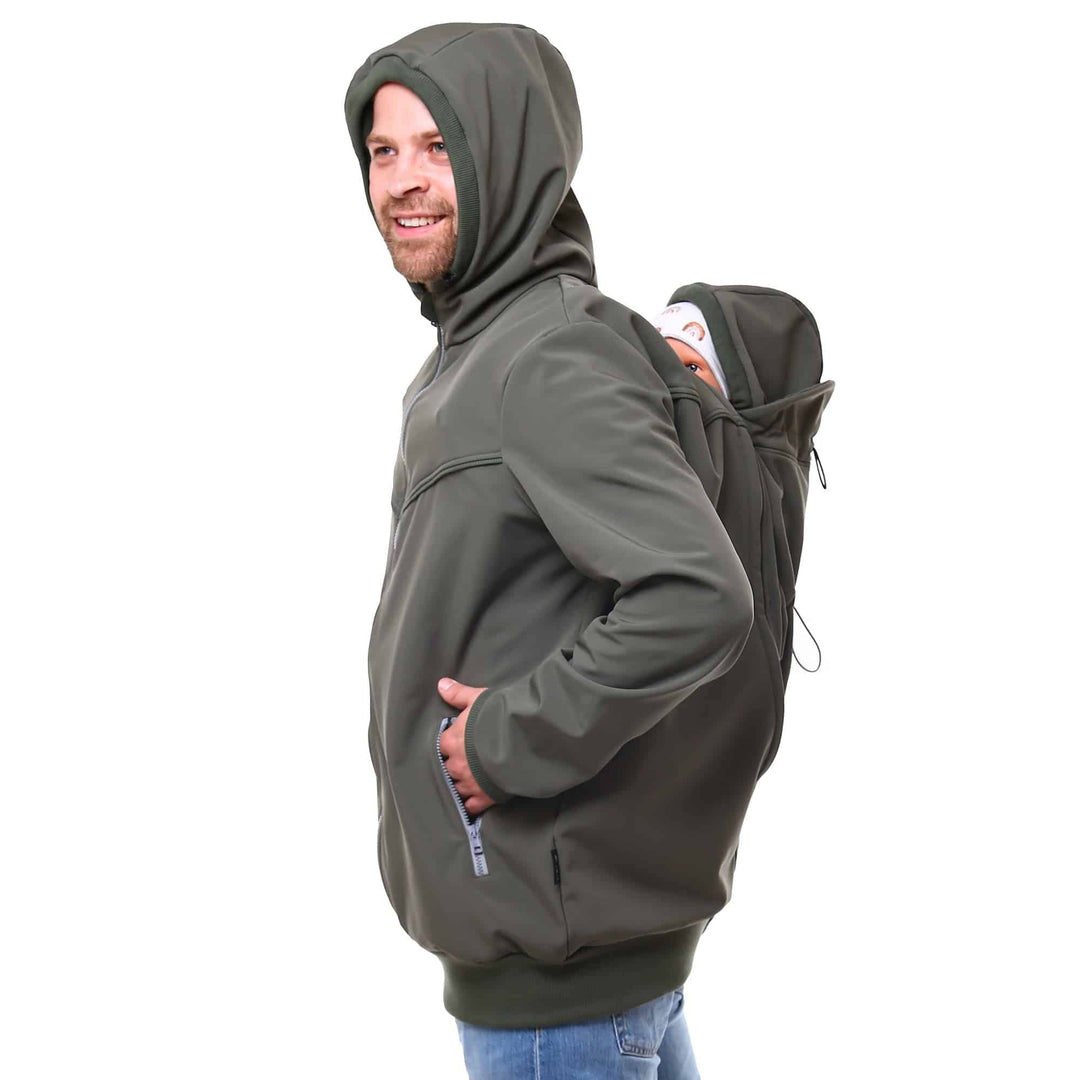 Viva la Mama - Männerjacke zum Babytragen aus Softshell - Explorer L Oliv - mit Rückentragemöglichke