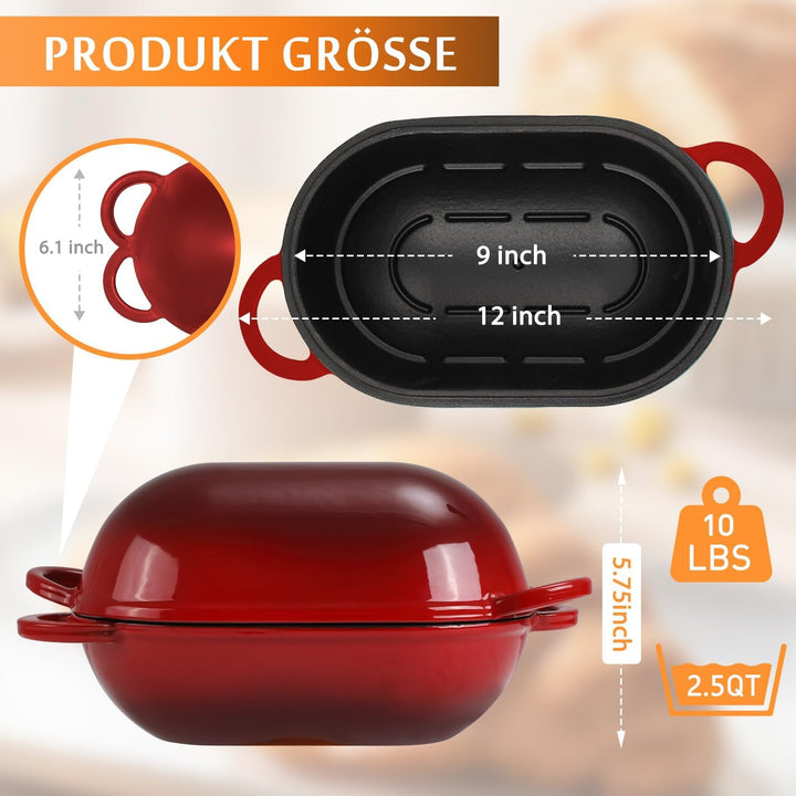 NSIRONS Gusseisen Brotbackform mit Deckel, 23 cm Emaille Gusseisen Topf Brot Backen, Bräter mit Deck