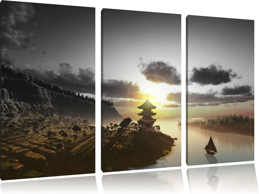Pixxprint Chinesisches Haus am See / 3-Teilig/Gesamtmass 120cm Leinwandbild bespannt auf Holzrahmen/
