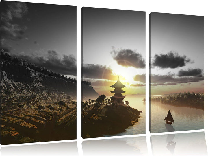 Pixxprint Chinesisches Haus am See / 3-Teilig/Gesamtmass 120cm Leinwandbild bespannt auf Holzrahmen/