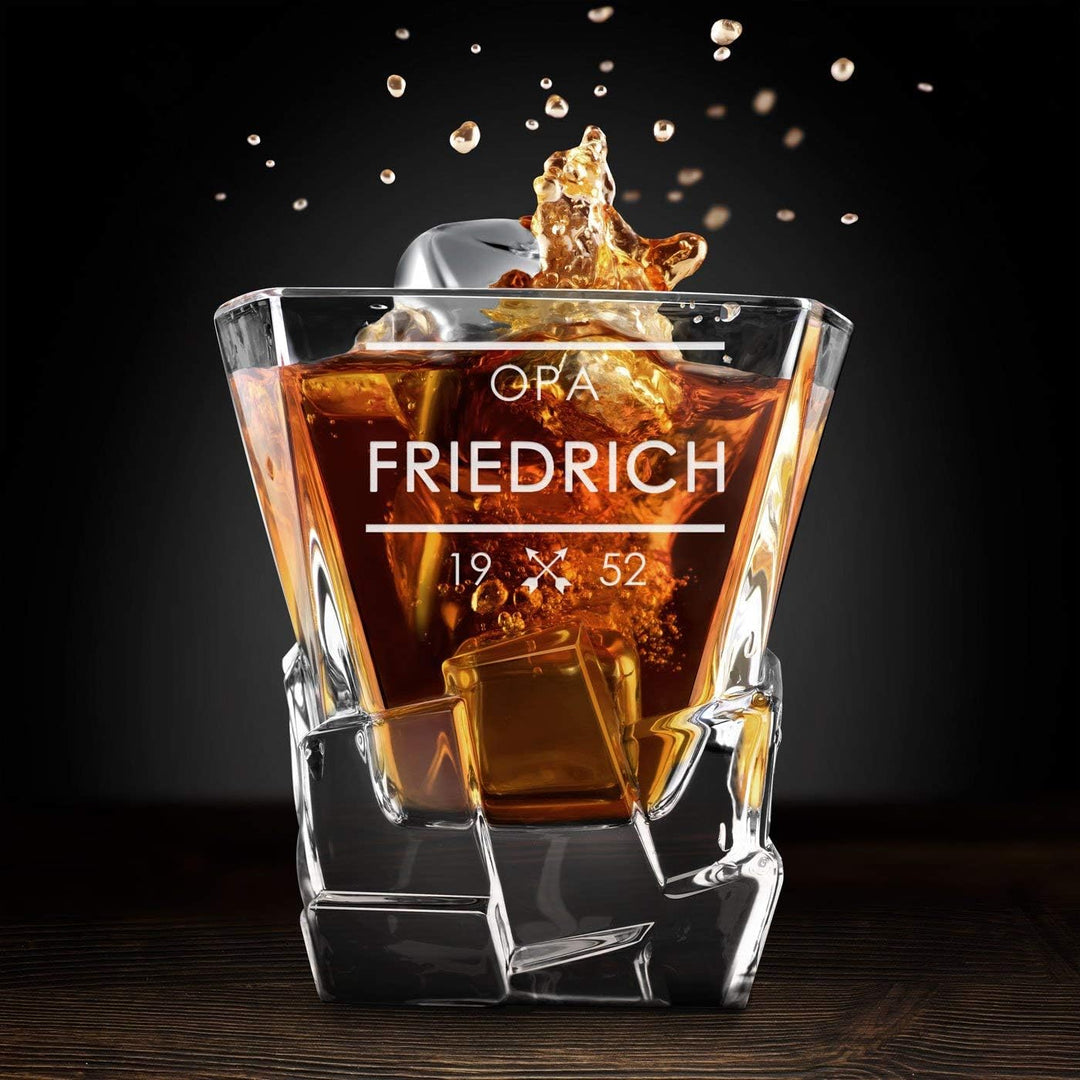 Maverton Whisky Steine Set - in Holzbox mit Gravur - 8 Eiswürfel + 2 Whisky Gläser + Zange + Samtbeu