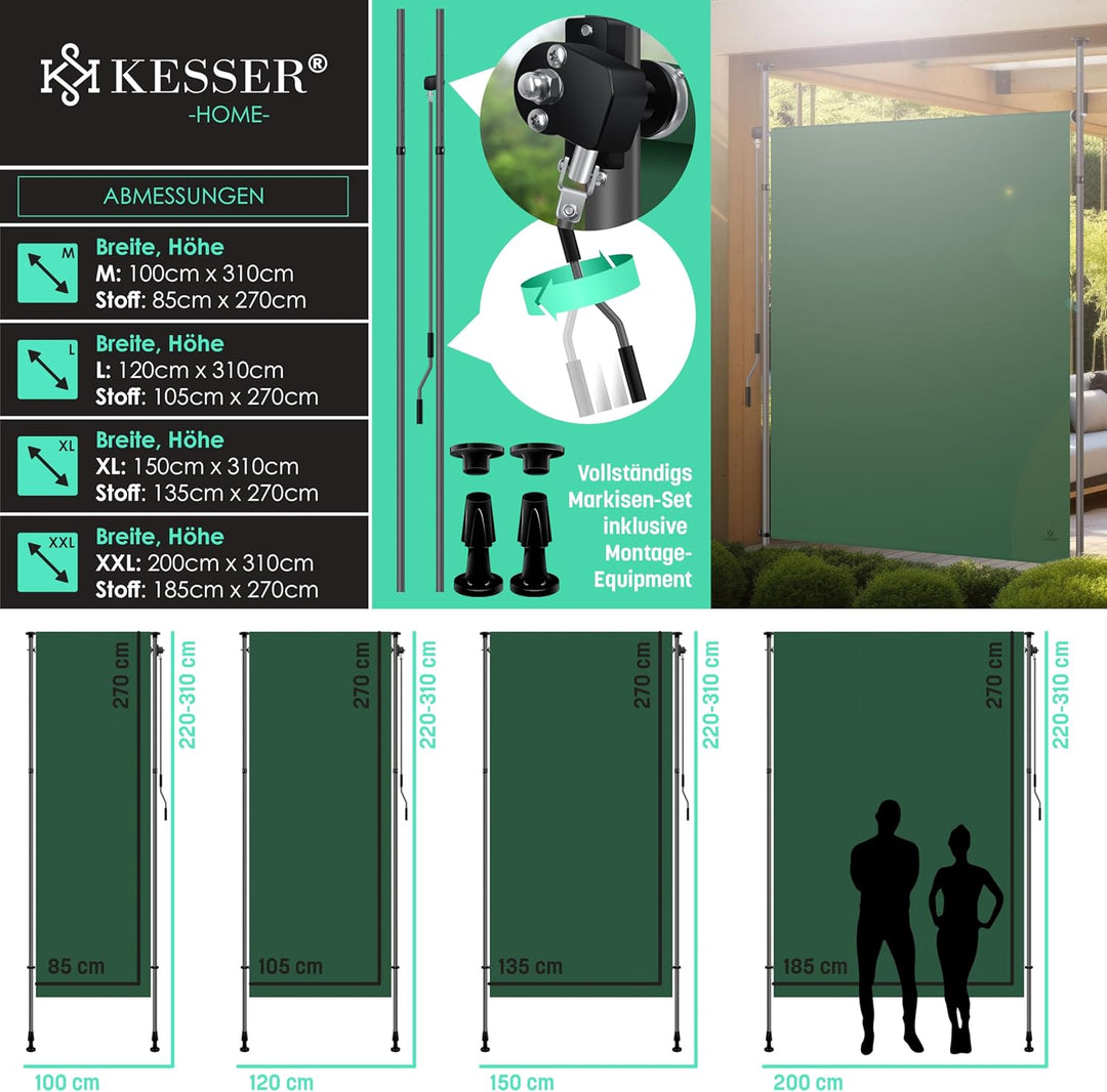 KESSER® Klemmmarkise Senkrechtmarkise 200x310cm Ausziehbar & Blickdicht Vertikalmarkise mit Handkurb
