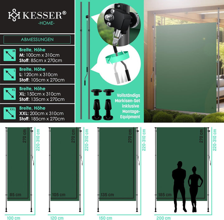 KESSER® Klemmmarkise Senkrechtmarkise 200x310cm Ausziehbar & Blickdicht Vertikalmarkise mit Handkurb