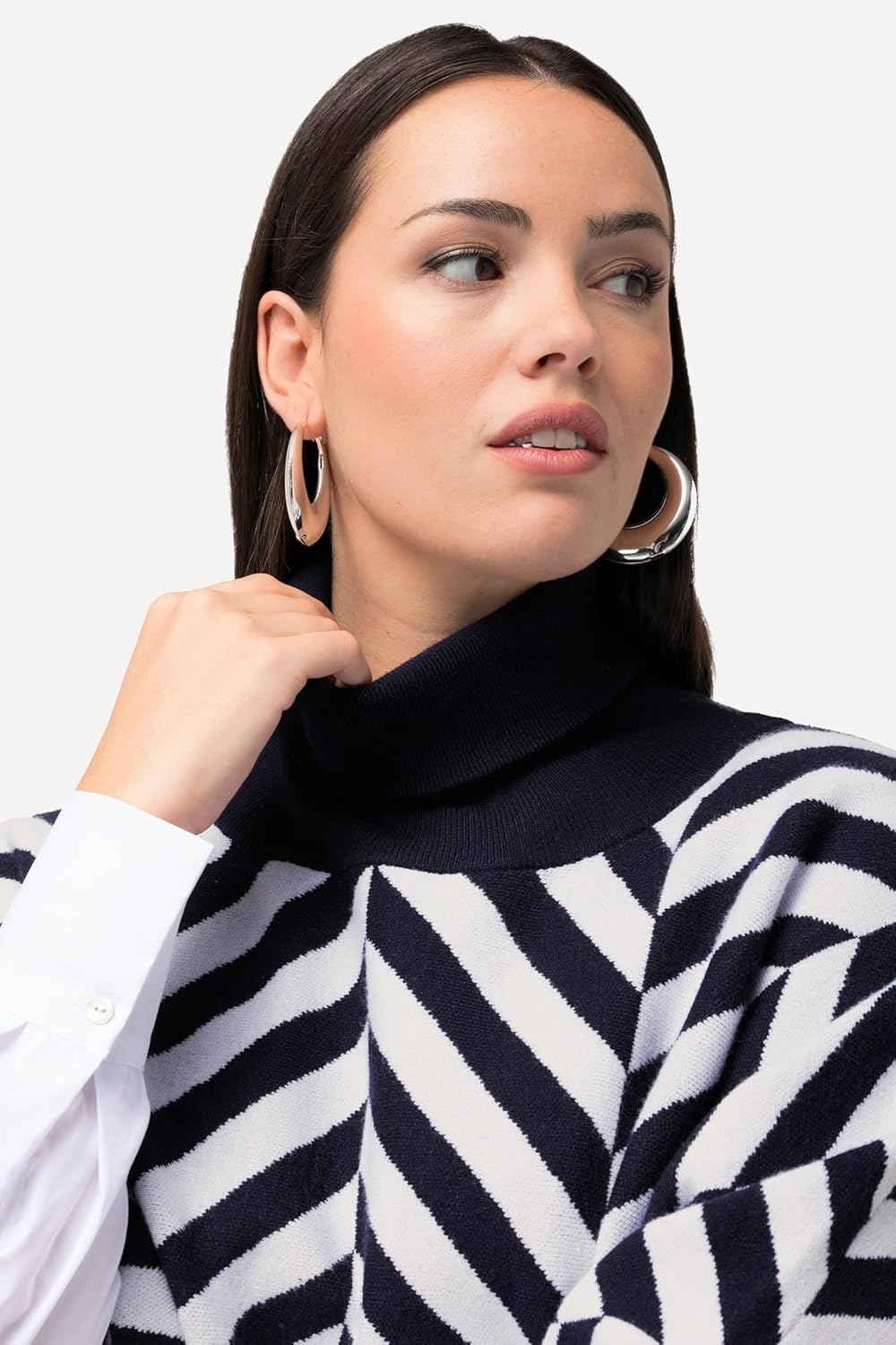 Ulla Popken Damen Strickcape mit Rollkragen, Jacquard Pullover, 42-48