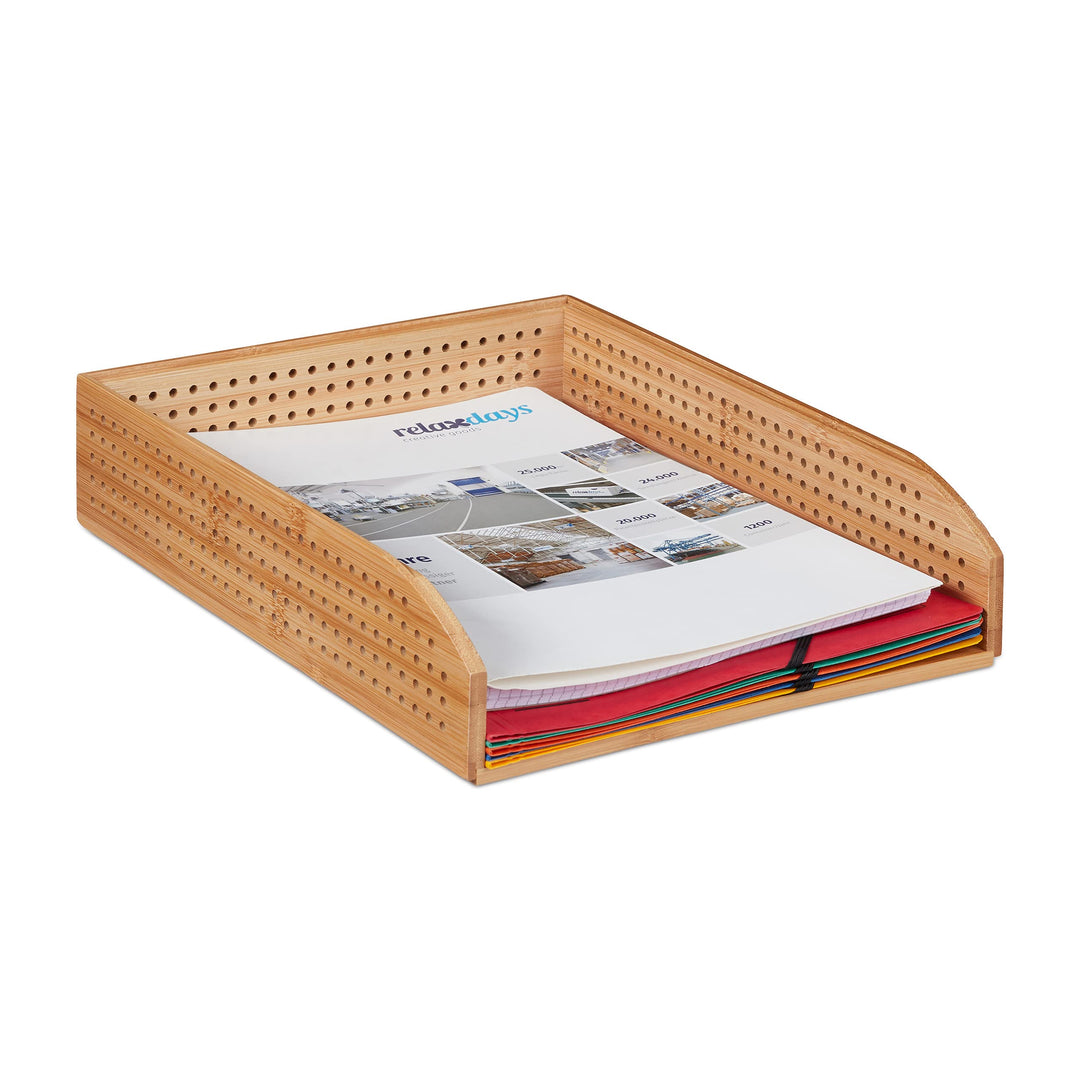 2 x Dokumentenablage Bambus, perforiert, stapelbar, A4, Schreibtischablage, Büro, Ablage HBT: ca 7 x
