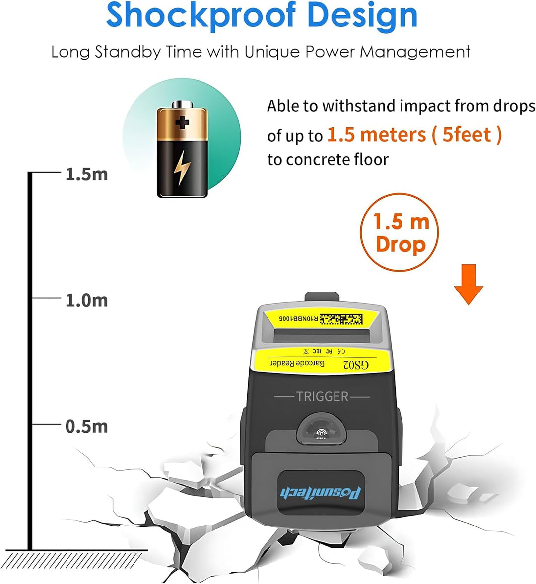 Posunitech Wearable 1D-Trigger-Barcode-Scanner Kabelloser Barcode-Scanner Bluetooth-kompatibler Klei