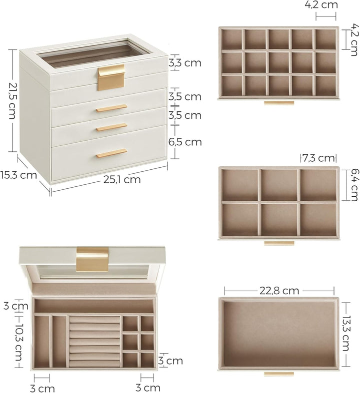 SONGMICS Schmuckkästchen, Schmuckkasten mit 4 Ebenen, Schmuckbox mit Glasdeckel, 3 Schubladen, für S