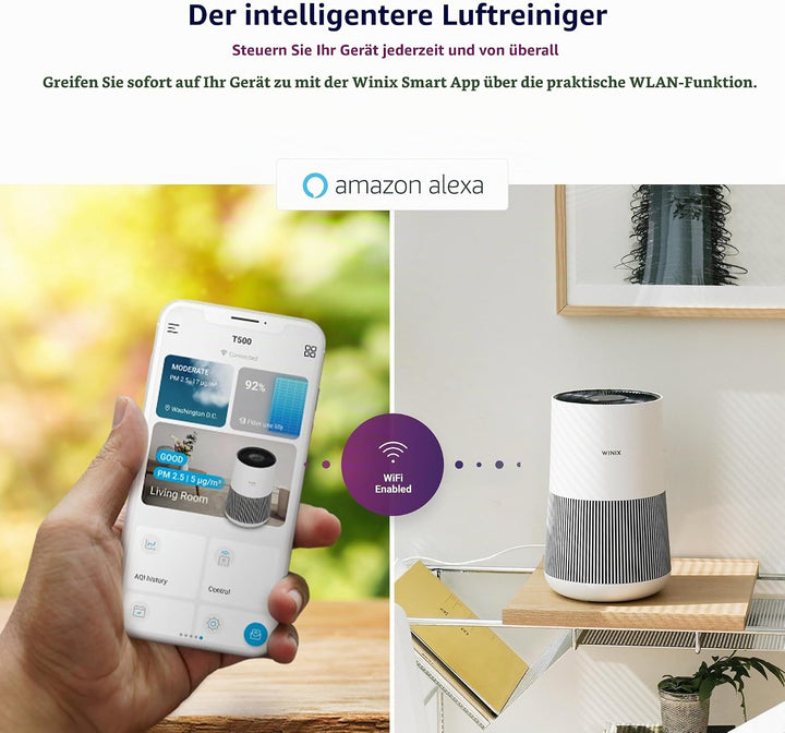 WINIX T500 WIFI luftreiniger Allergiker, CADR 250m³/h, 50㎡, Air Purifier mit HEPA filter für Raucher