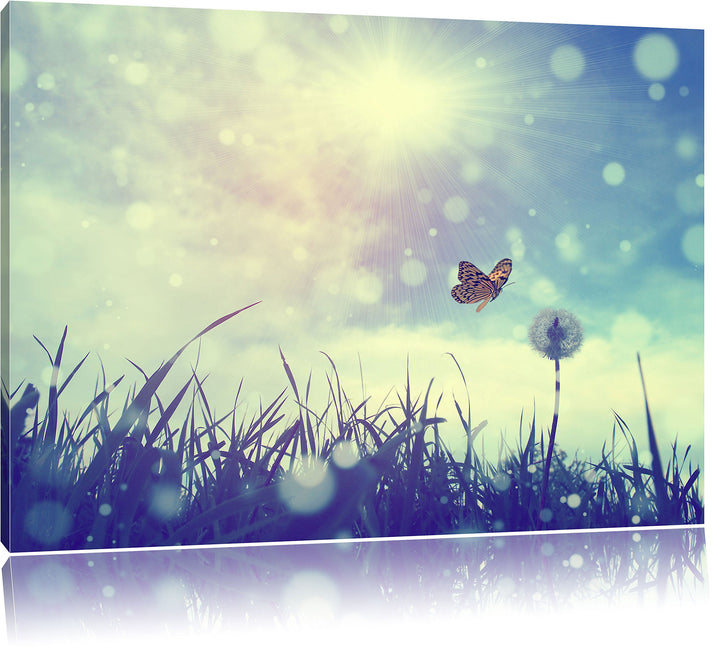 Pixxprint zarter Schmetterling fliegt zu Pusteblume, Format: 100x70 auf Leinwand, 100x70