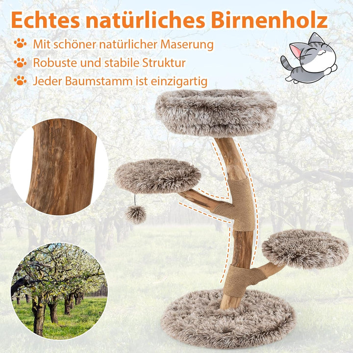 COSTWAY 90cm Kratzbaum Holz, Katzenbaum mit Kratzpfosten aus Massivholz und Jute, 4 Plüschsitzfläche