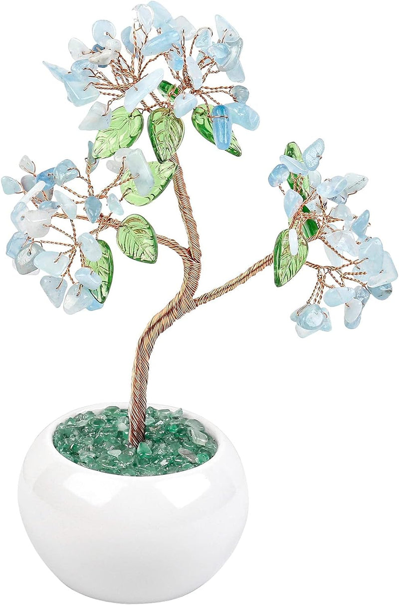 Nupuyai Aquamarine Kristall Baum Feng Shui Edelstein Baum mit Keramische Basis, Glücksbaum, Geldbaum