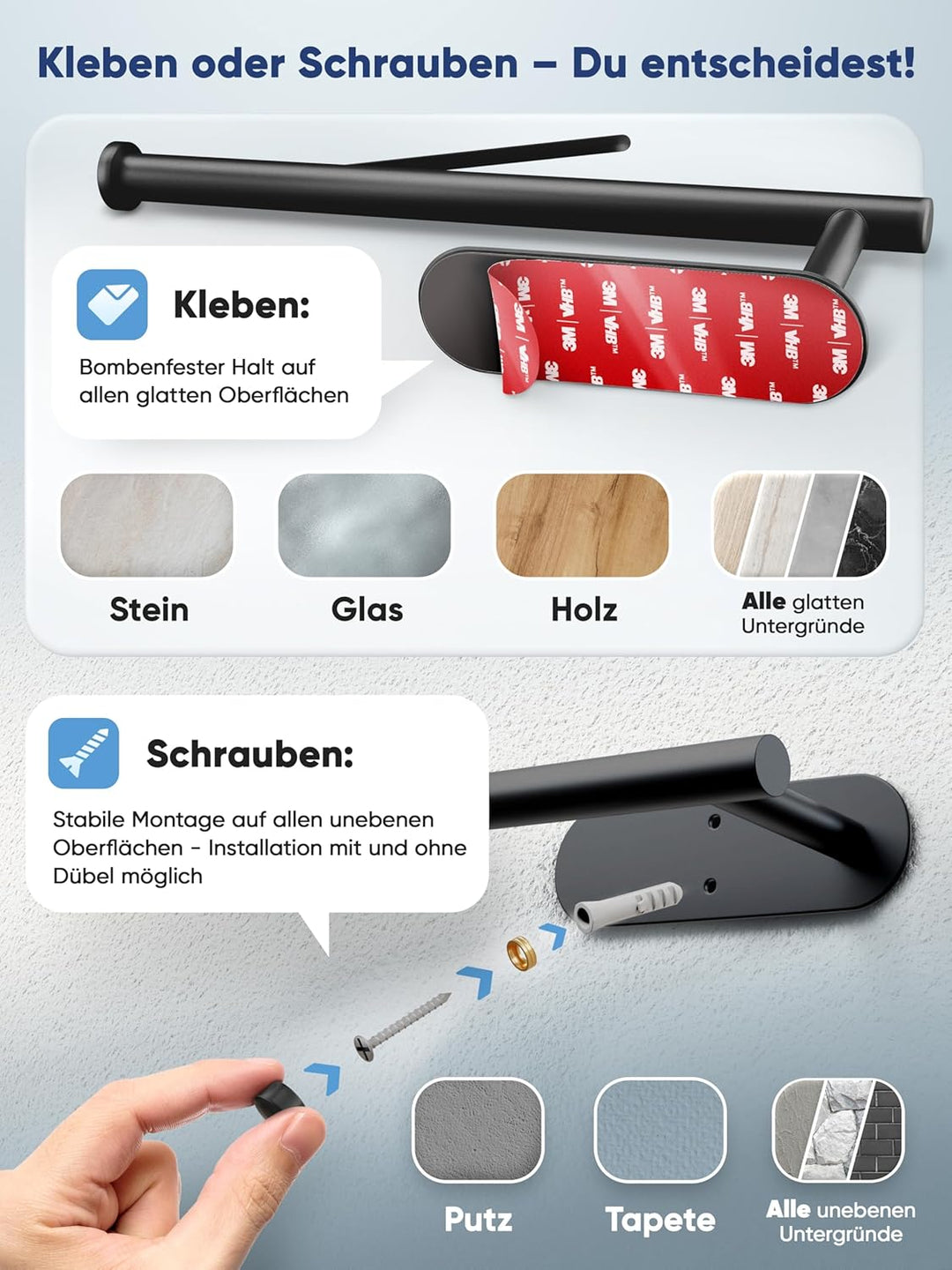 WOHNHELD® Küchenrollenhalter ohne Bohren [Mit Abroll-Bremse] für einhändiges Abreissen - Edelstahl s