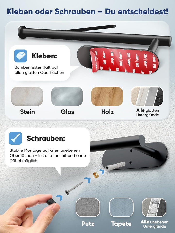 WOHNHELD® Küchenrollenhalter ohne Bohren [Mit Abroll-Bremse] für einhändiges Abreissen - Edelstahl s