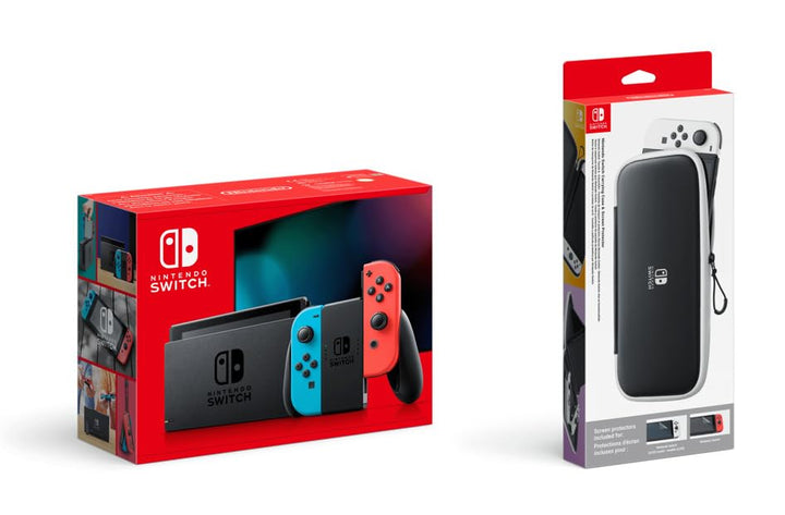 Nintendo Switch-Konsole Neon-Rot/Neon-Blau Switch-Tasche & -Schutzfolie - Schwarz/Weiss